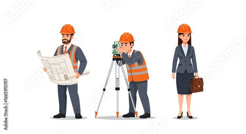 Three construction professionals in hard hats and safety vests, one holding blueprints, another operating surveying equipment, and a third with a briefcase.