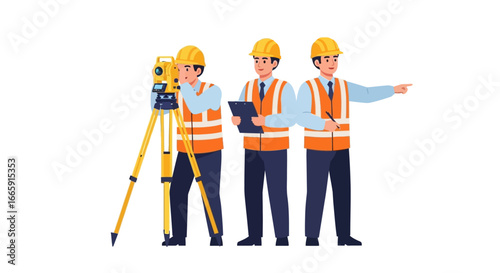 Three male surveyors or construction workers in hard hats and safety vests, one operating a total station, another holding a clipboard, and the third pointing, illustrating a team at work.