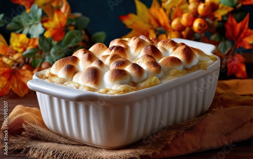 Baked sweet potato casserole topped with toasted marshmallows in a white ceramic dish, styled with autumnal leaves and warm, cozy lighting.