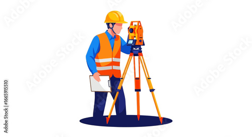 A surveyor using a theodolite on a tripod to measure and survey a construction site.