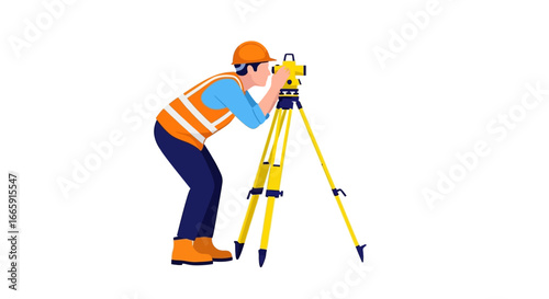 A male surveyor in a hard hat and safety vest uses a total station on a tripod for land measurement and mapping.