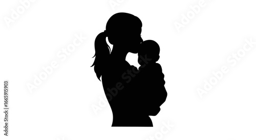 Mother Holding Baby and Kissing Head in Silhouette Style silhouette