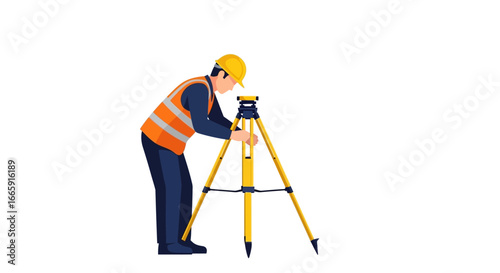 Construction Surveyor Using Theodolite Level for Land Surveying on White Background