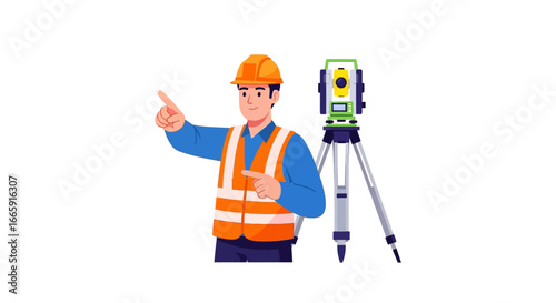Professional civil engineer or land surveyor character in safety gear with a geodetic total station instrument. Vector illustration isolated on white