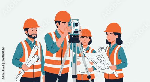 Coordinated team of civil engineers and land surveyors using a theodolite for precise project measurements, a concept of teamwork and collaboration