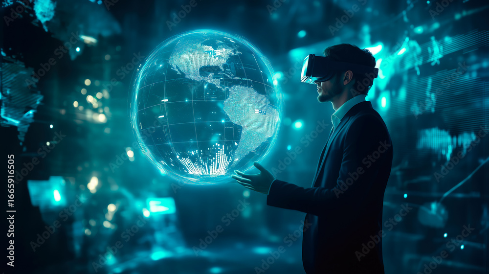 Obraz premium A businessman wearing VR glasses interacts with a holographic globe. The concept of virtual reality, global connectivity, and futuristic business innovation. Generative AI.
