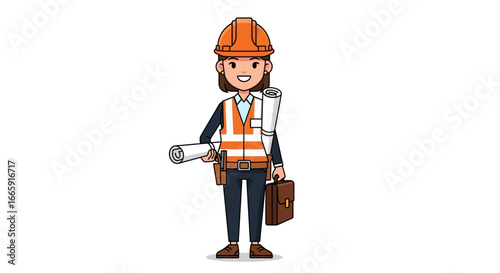 A female construction worker in a hard hat and vest holding blueprints and a briefcase