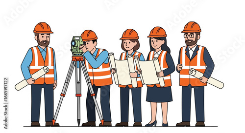 Team of Surveyors Collaborating on Construction Site with Plans and Equipment