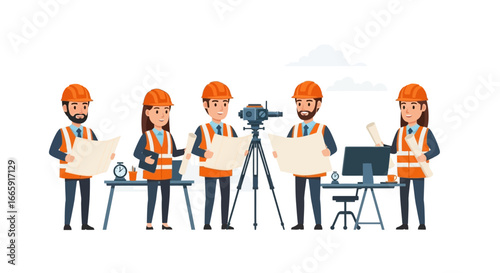Team of engineers and architects reviewing blueprints and construction plans on a white background