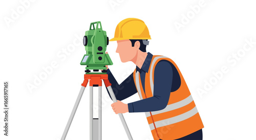 A surveyor in a hard hat and reflective vest uses a theodolite on a tripod to measure angles and distances.