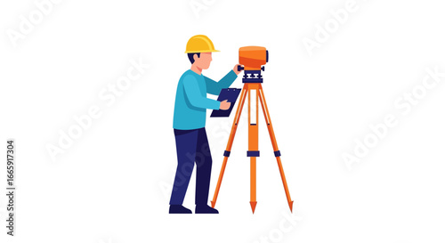 Surveyor with Leveling Instrument Working on a Construction Site for Land Measurement and Property Boundaries