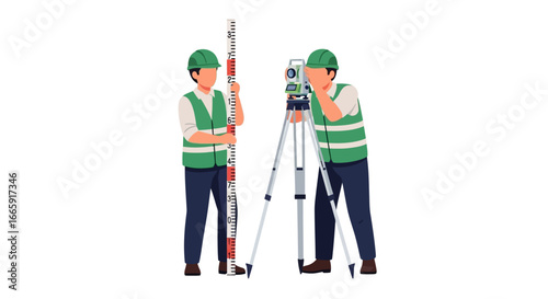 Two surveyors in hard hats and safety vests measuring land with a prism pole and a theodolite on a tripod