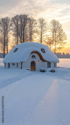 Snowy Dome House Winter Sunrise Illustration