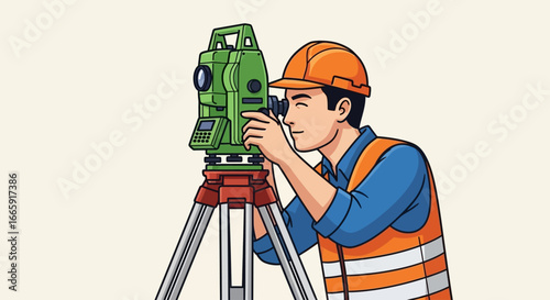 Surveyor Using Theodolite at Construction Site Precision Measurement Vector Art