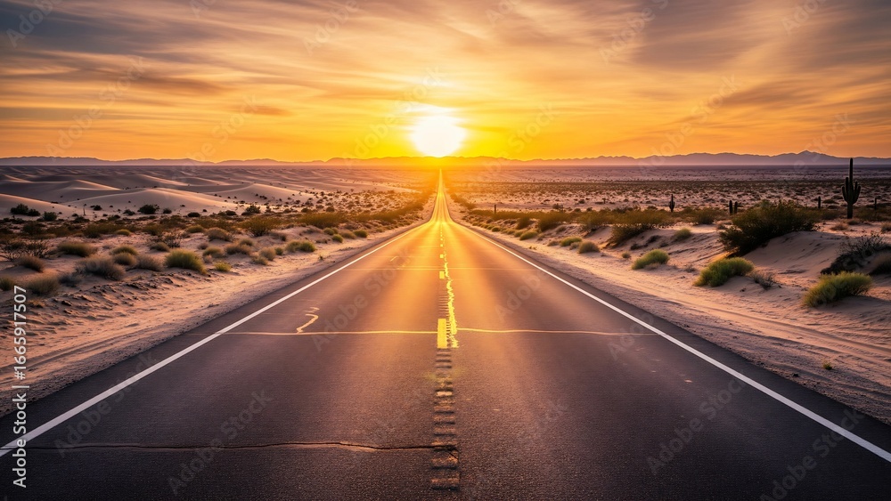 Fototapeta premium A cinematic endless road stretching across a golden desert sunset, symbolizing freedom, adventure, and the timeless spirit of travel.