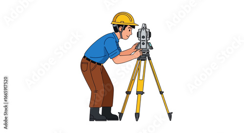 Surveyor using a theodolite on a tripod, illustrating precision and measurement in construction and engineering projects