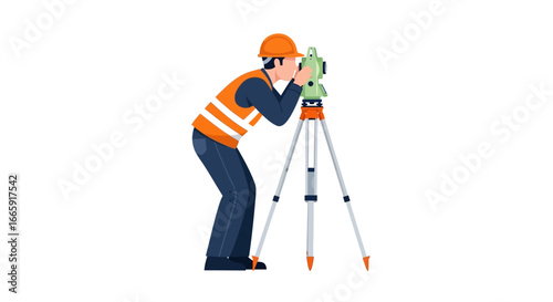 Surveyor using a theodolite on a tripod, measuring the land, construction worker on a site, engineer with equipment