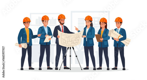 Diverse Engineering Team Reviewing Blueprint in Office