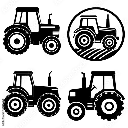 Four black and white tractor illustrations in various styles and orientations on a white background
