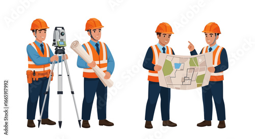 Dedicated male construction and civil engineering professionals in safety gear, diligently collaborating on project blueprints and performing precise land surveying with modern equipment