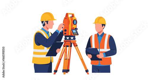 Surveyors using theodolite instrument for measurement during construction work illustration