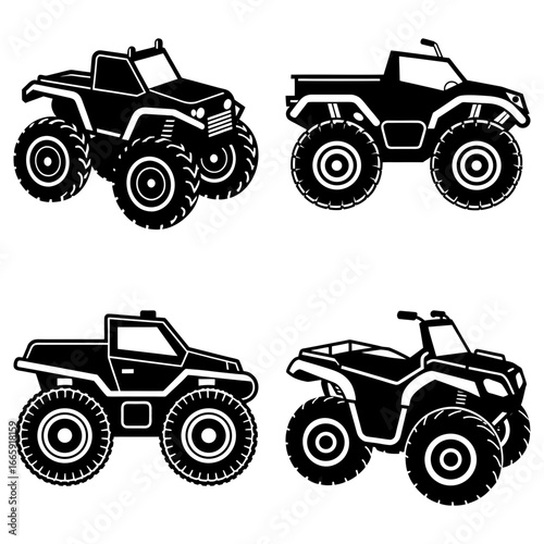 Four black and white illustrations of off road vehicles including atvs and monster trucks displayed