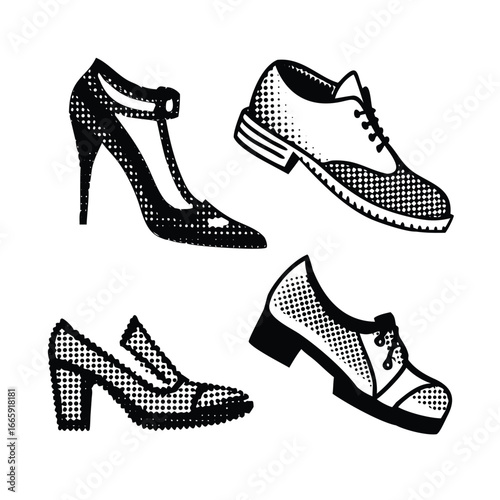 Retro Footwear Halftone Collection. Engraving Style Vector Illustrations of Shoes and Boots
