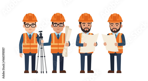 Construction Team Diverse Engineers in Safety Gear Holding Plans and Equipment