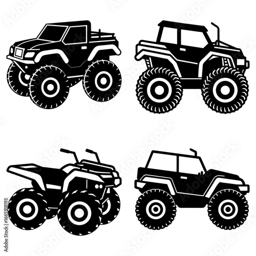 Illustration showing four off road vehicles including monster trucks and an atv in black and white style