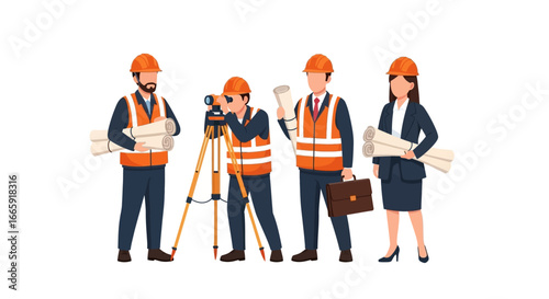 A diverse team of construction professionals, including surveyors and engineers, gathered with blueprints on a white background.