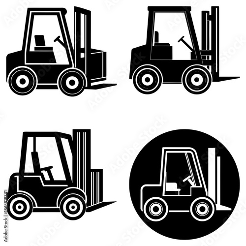 Illustration of four black and white forklift trucks in different perspectives and compositions on white background