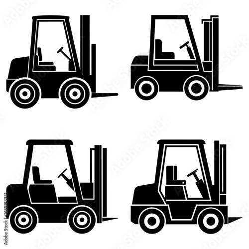 Four black forklift trucks in a grid pattern showing different angles and perspectives of the machinery