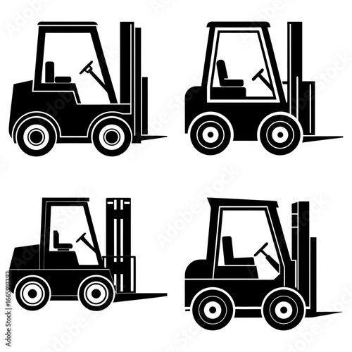 Four forklift trucks in silhouette showing different styles and orientations on a white background