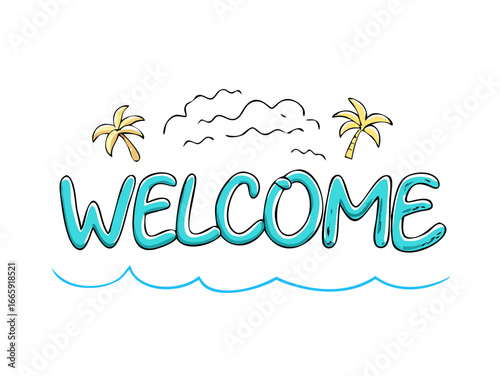 welcome written in a sandy tropical beach
