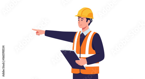 Professional construction engineer wearing safety gear, holding a clipboard, and pointing, illustrating project management, site supervision, and safety direction