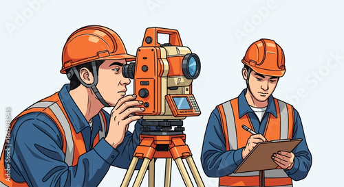 Two surveyors using a theodolite at a construction site.