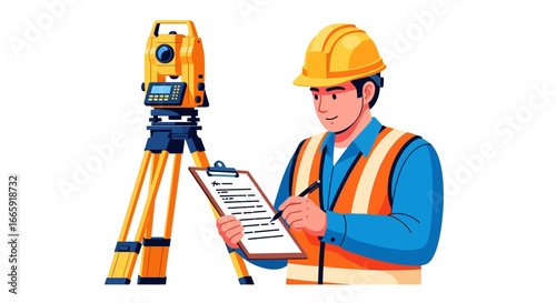 Illustration of a surveyor with total station, clipboard, and hardhat.