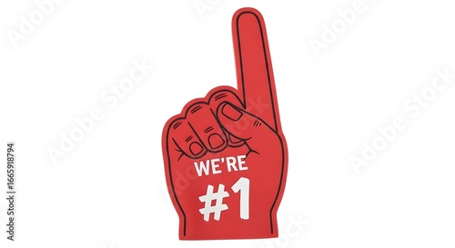 Red foam hand with the text were 1 pointing upwards, isolated on white background, symbolizing victory and success