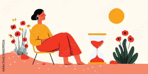 A woman enjoys a moment of peace in a tranquil landscape, featuring an hourglass symbolizing the passage of time and poppies, creating a serene illustration.
