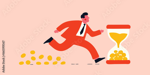 An illustrative depiction of a businessman racing against time to pursue goals, symbolizing urgency in business with a golden hourglass and wealth.