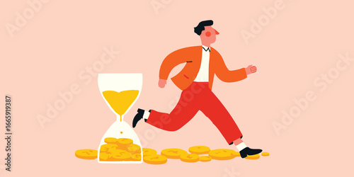 A person races against time, symbolised by an hourglass, with coins scattered at their feet, conveying the essence of urgency in financial matters.