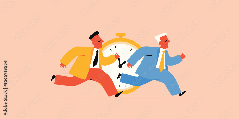 Obraz premium Dynamic visual of two business figures racing against a clock, symbolizing urgency in a professional setting. It conveys the relentless pressure of deadlines, where time is of the essence.