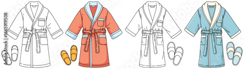 Bathrobe vector illustration of cozy dressing gown with belt and slippers shown in simple black outline version and colorful pastel blue and coral design