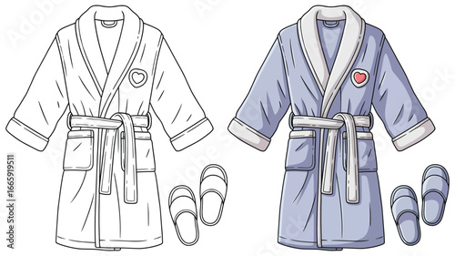 Bathrobe vector illustration of cozy dressing gown with heart patch and slippers shown in simple black outline version and pastel blue colorful design