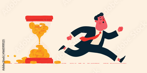 A fast-paced businessman races against the clock, with an hourglass spilling coins, symbolizing the urgency of time and the value of money.