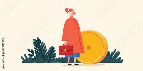 An illustration of a businessperson stands confidently near a golden coin, symbolizing financial success, with a nod to themes of business and finance. 