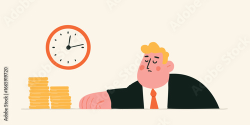 An overworked businessman struggles to manage both time and money, slumped dejectedly at his desk as the clock ticks onward.
