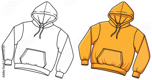 Hoodie vector illustration in angled view with clear line drawing and bold flat color design serving as a modern casual fashion garment template for stylish apparel mockup