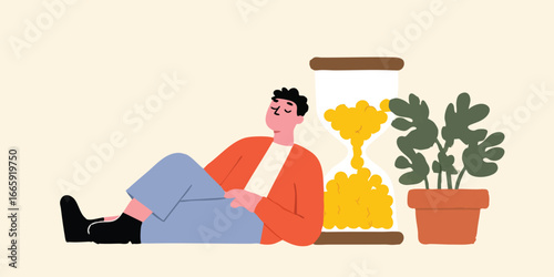 A man sits leisurely beside an hourglass, evoking a contemplative mood about time management. Beside him, a potted plant symbolizes growth.