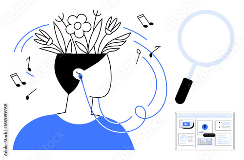 Person wearing earphones, flowers and leaves sprouting from their head, surrounded by music notes, magnifying glass, and webpage. Ideal for creativity, focus, imagination, relaxation